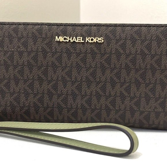 New Michael Kors Jet Set Large Travel Continental Wallet Brown / Light Sage - Picture 2 of 5